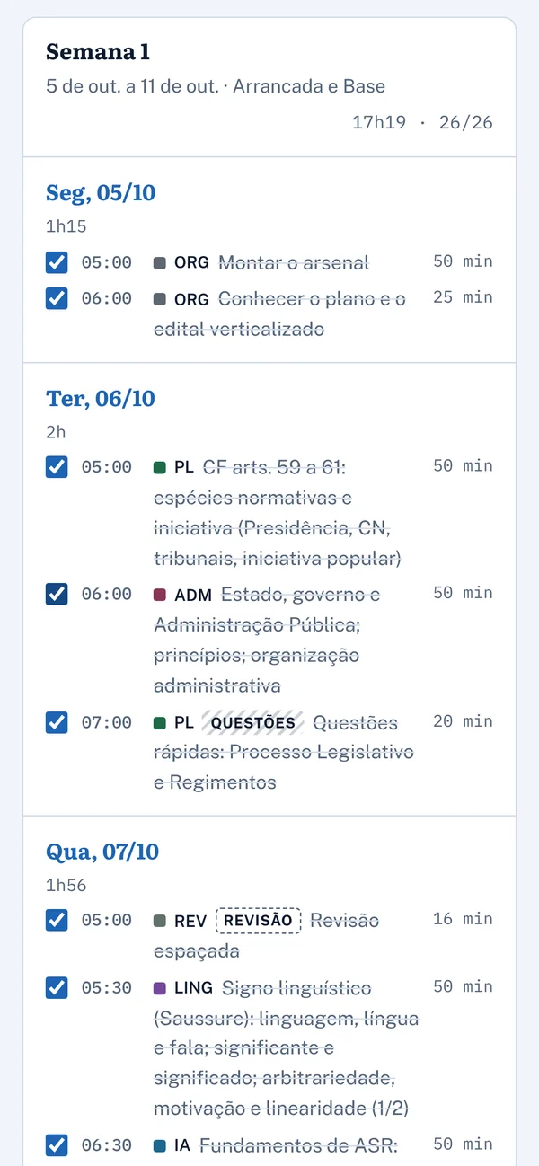 Lista de blocos da semana no celular, com horários, matérias e caixas de marcar