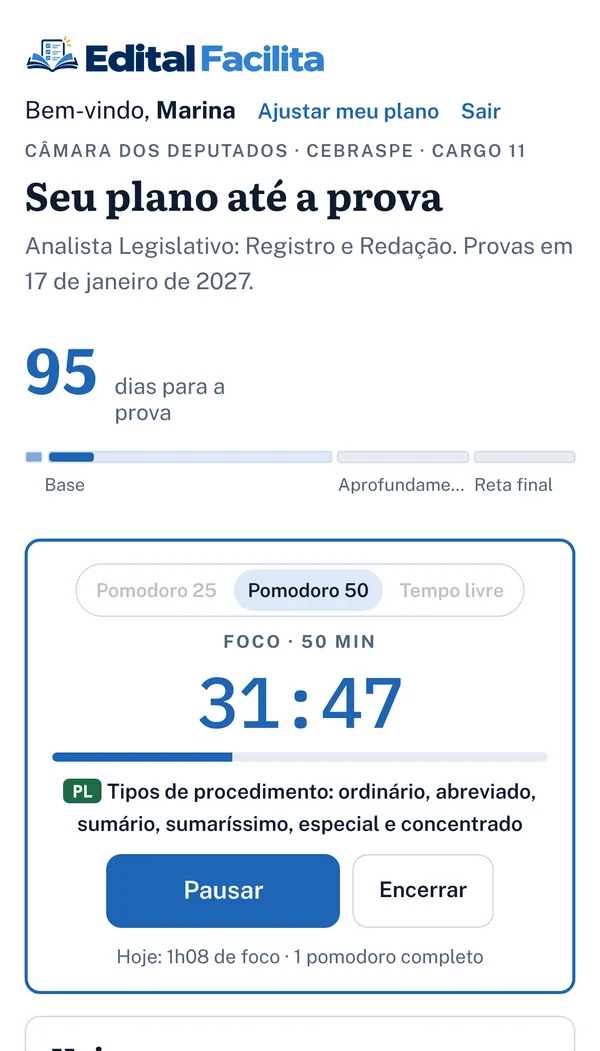O plano no celular: contagem de dias para a prova e o cronômetro Pomodoro rodando no bloco do dia